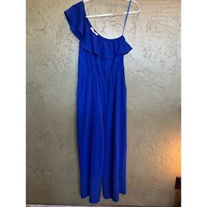 Monteau Los Angeles Womens Royal Blue One Shoulder Ruffle Wide Leg Jumpsuit S